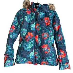 Obermeyer Floral Navy Teal Puff Jacket with Faux-Fur Hood size 4 Tuscany  II